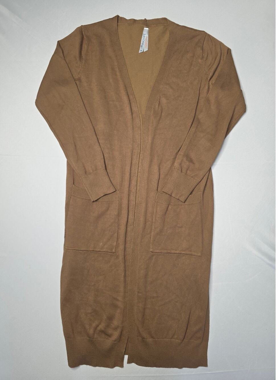 Stoosh Open Front Long Duster Cardigan in solid camel brown color Size M